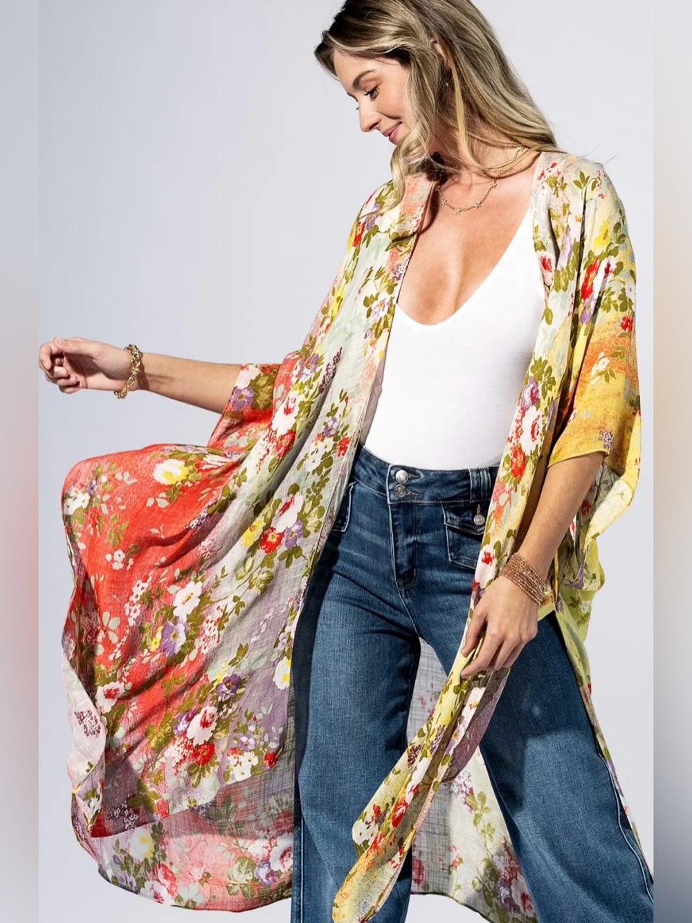 Floral Watercolor Kimono | 100% Viscose Boho Beach Cover Up | One Size